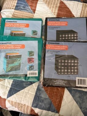 Essentials Collapsible Storage Containers in Teal and Black Plaid